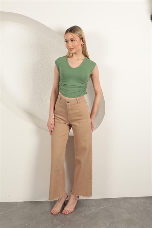 Strawberry Viscose Fabric Side Gathered Blouse-Khaki