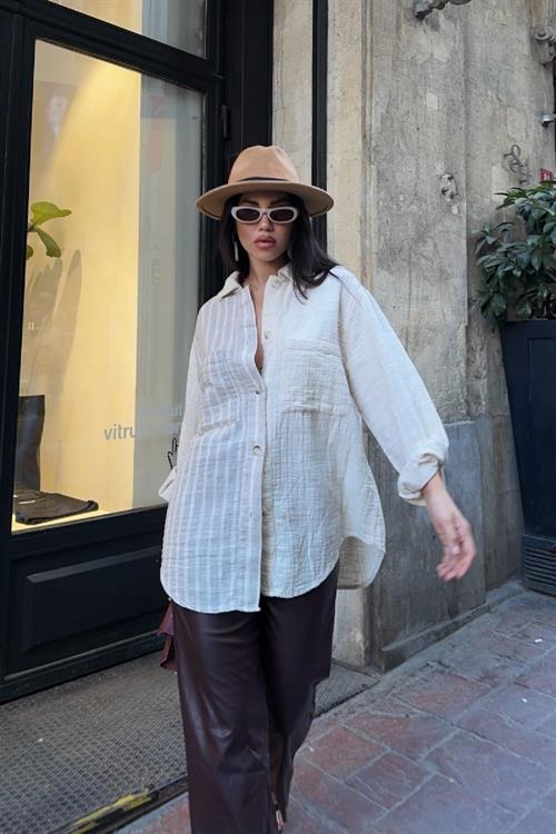 Çizgi Garnili Oversize Gömlek 6206-80-(S+L+3)