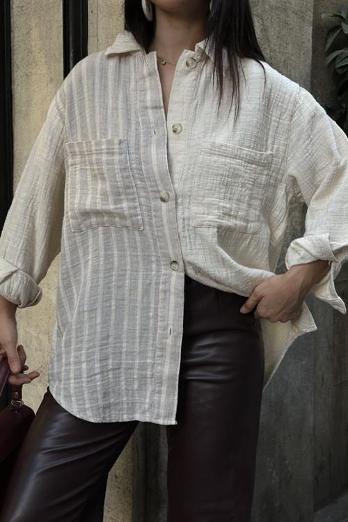 Çizgi Garnili Oversize Gömlek 6206-80-(S+L+3)