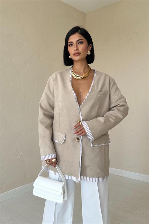 Wholesale Striped Lined Garnish Suede Jacket - Beige