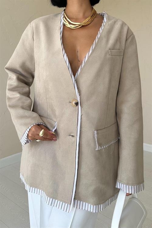 Wholesale Striped Lined Garnish Suede Jacket - Beige
