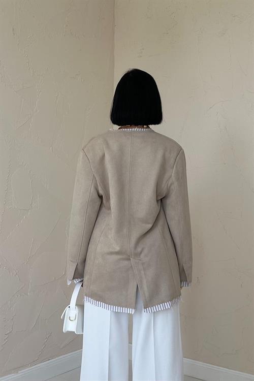 Wholesale Striped Lined Garnish Suede Jacket - Beige