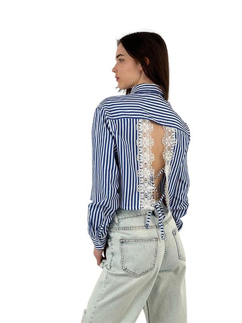 Striped Lace Up Crop Shirt with Lace Detail