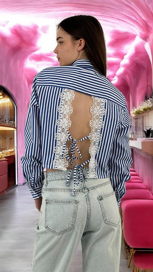 Striped Lace Up Crop Shirt with Lace Detail