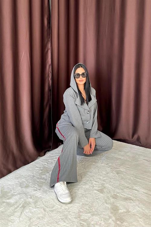 Wholesale Striped Hooded Jacket - Grey