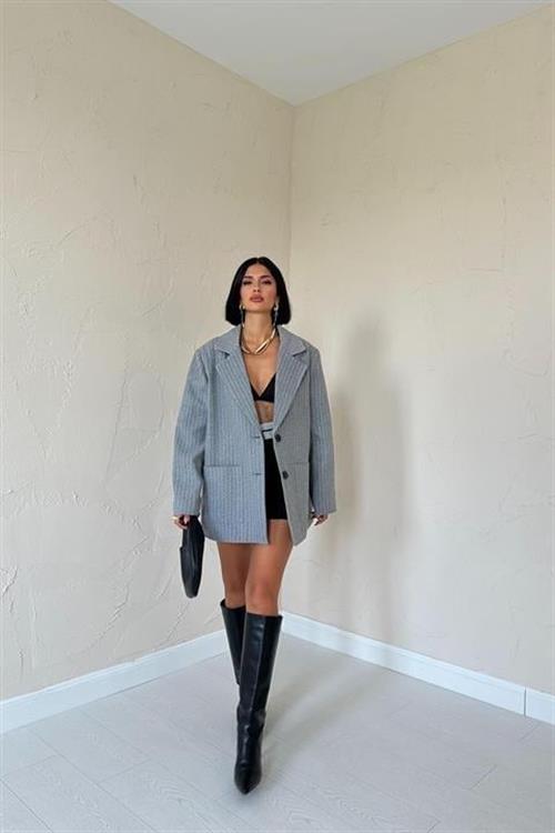 Wholesale Striped Oversized Jacket - Grey