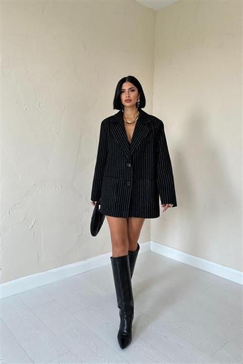 Wholesale Striped Oversized Jacket - Black