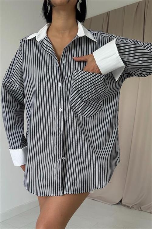Wholesale Black Striped Long-Sleeve Poplin Shirt