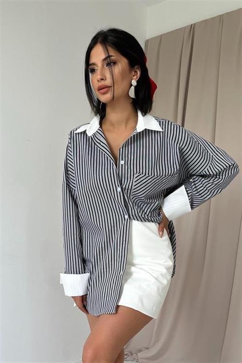 Wholesale Black Striped Long-Sleeve Poplin Shirt