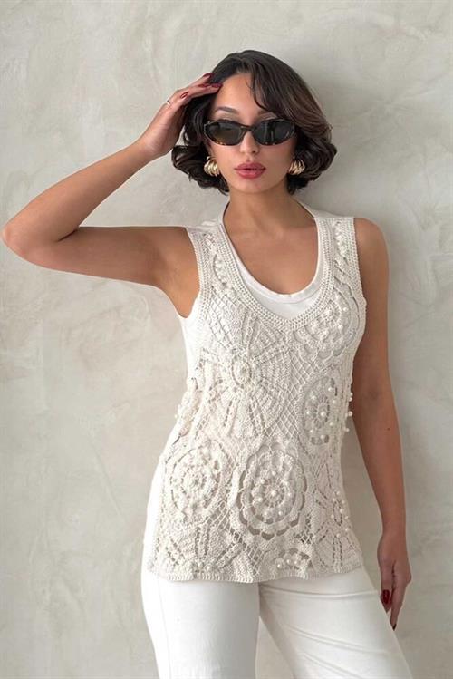 D 2743 PEARL LACE DETAILED RAW T-SHIRT - RAW