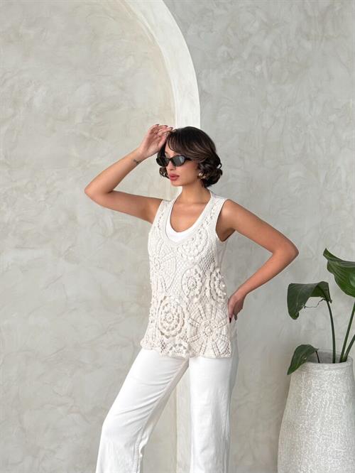 D 2743 PEARL LACE DETAILED RAW T-SHIRT - RAW