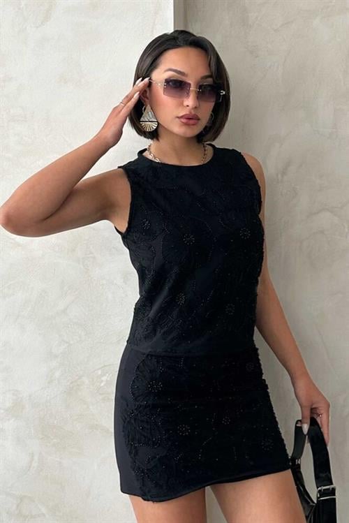 Bead Embroidered Blouse - Black