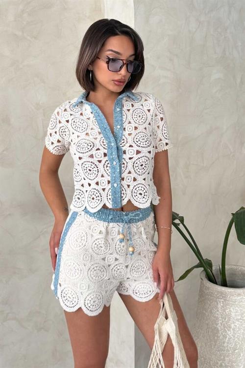 Lace Shirt with Denim Detail - Raw