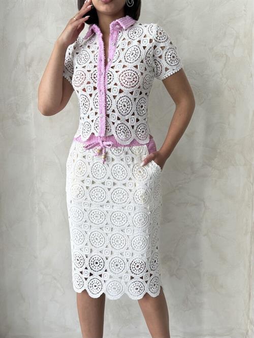 Denim Detailed Lace Long Skirt - Raw Pink