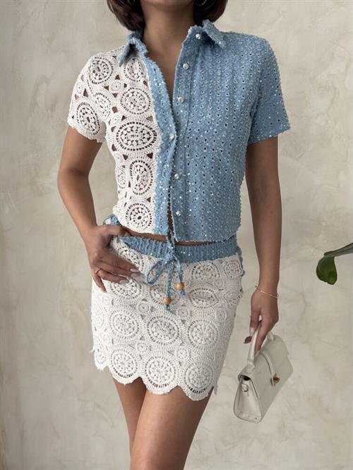 Lace Short Skirt with Denim Detail - Raw