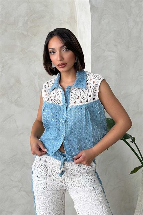 D 2845 Lace Detailed Sequin Denim Jacket - Blue