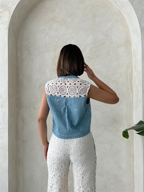D 2845 Lace Detailed Sequin Denim Jacket - Blue