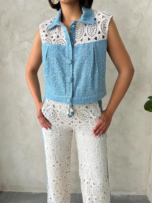 D 2845 Lace Detailed Sequin Denim Jacket - Blue