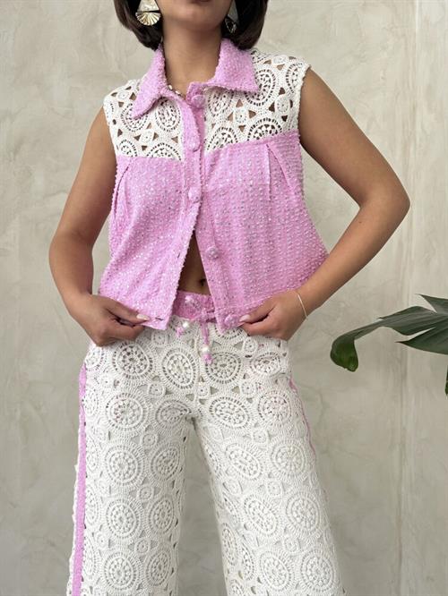 D 2845 Sequin Denim Jacket with Lace Detail - Pink