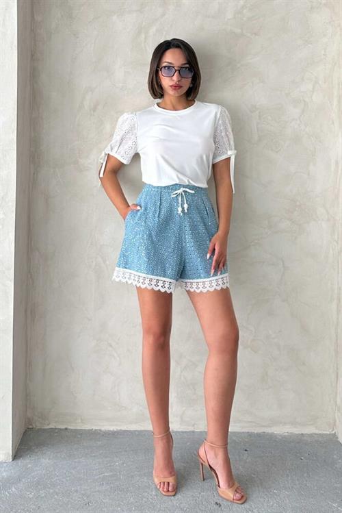 Sequin Denim Shorts with Guipure Detail - Blue