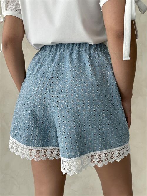 Sequin Denim Shorts with Guipure Detail - Blue