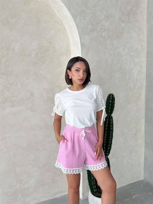 Sequin Denim Shorts with Guipure Detail - Pink