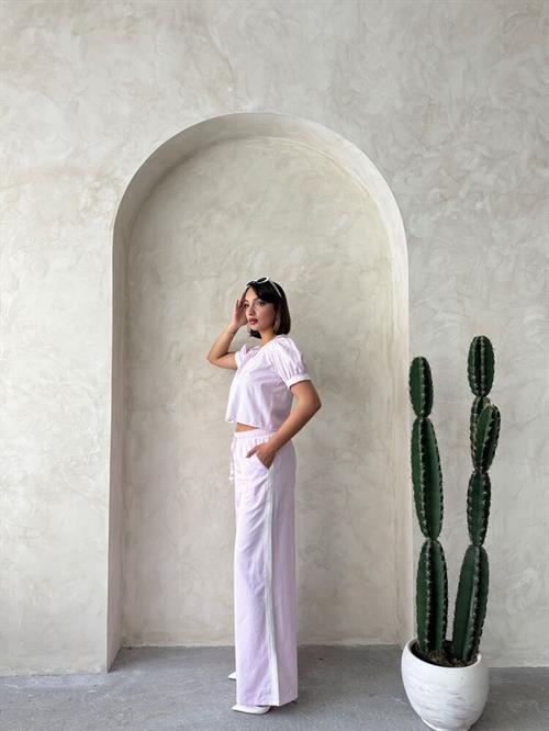 Guipure Detailed Striped Pants - Pink