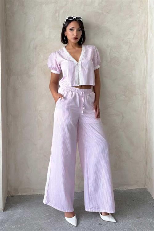 Guipure Detailed Striped Pants - Pink