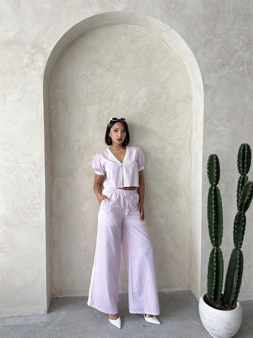 Guipure Detailed Striped Pants - Pink