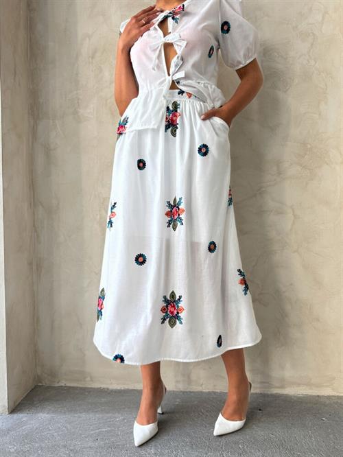 Embroidered Voile Skirt - Cream