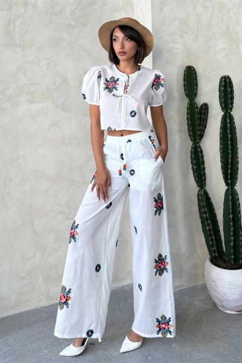 D 2880 Embroidered Trousers - Cream