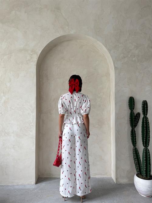 D 2884 Nakışlı Vual Pantolon - Kırmızı