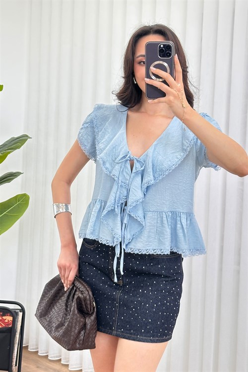 Dantel Detaylı Bağlamalı Toptan Bebe Mavisi Bluz