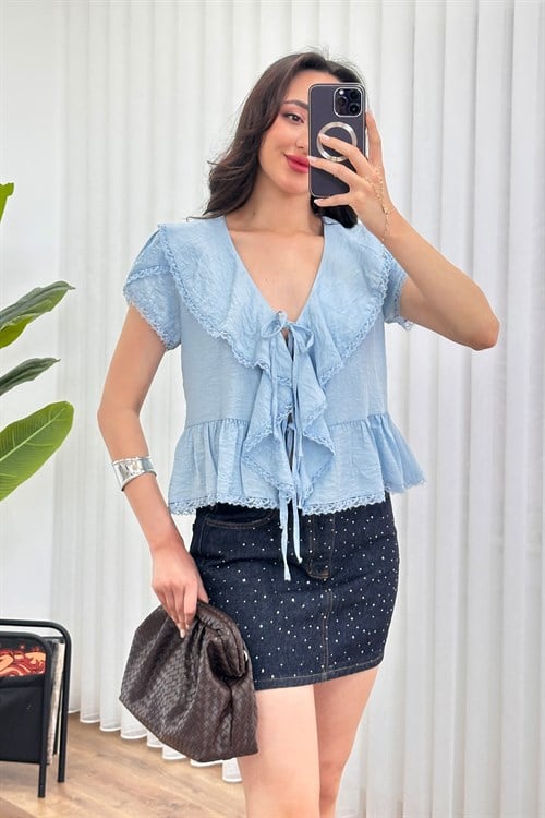 Dantel Detaylı Bağlamalı Toptan Bebe Mavisi Bluz