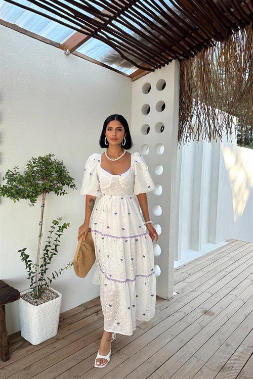 Toptan Lila Dantel Detaylı Brode Elbise