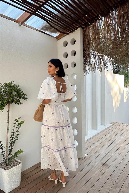 Toptan Lila Dantel Detaylı Brode Elbise