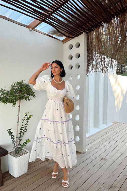 Toptan Lila Dantel Detaylı Brode Elbise