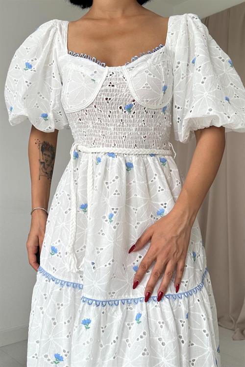 Toptan Mavi Dantel Detaylı Brode Elbise