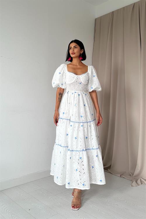 Toptan Mavi Dantel Detaylı Brode Elbise