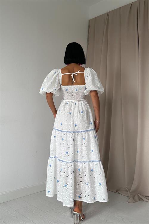 Toptan Mavi Dantel Detaylı Brode Elbise