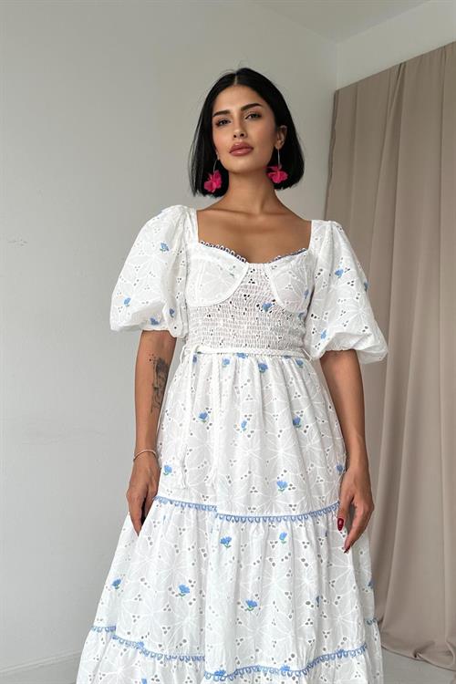 Toptan Mavi Dantel Detaylı Brode Elbise