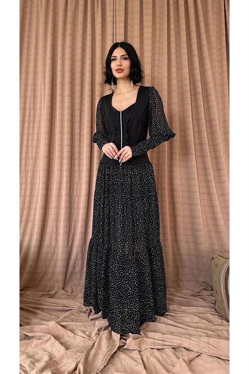 Toptan Siyah Dantelli Taşlı Şeritli Elbise