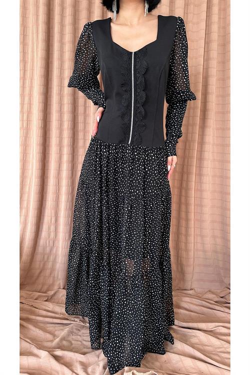 Toptan Siyah Dantelli Taşlı Şeritli Elbise