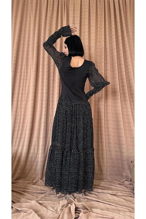 Toptan Siyah Dantelli Taşlı Şeritli Elbise