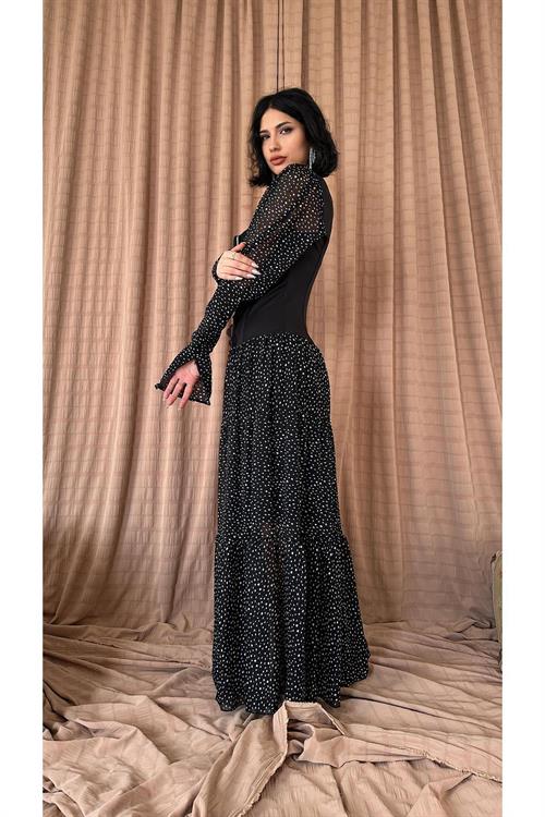 Toptan Siyah Dantelli Taşlı Şeritli Elbise