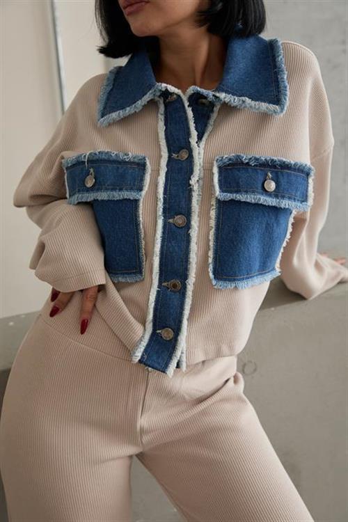 Wholesale Denim Garnish Shirt And Trouser Suit - Beige