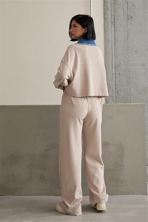 Wholesale Denim Garnish Shirt And Trouser Suit - Beige