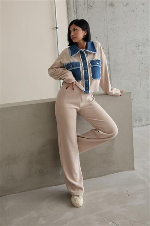 Wholesale Denim Garnish Shirt And Trouser Suit - Beige