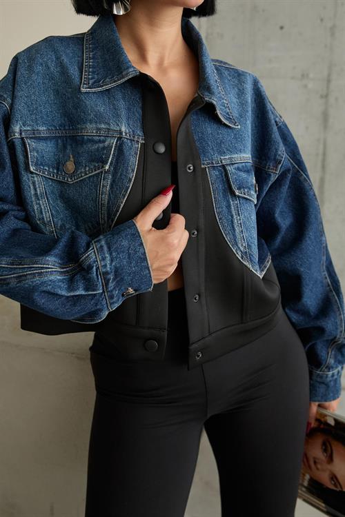 Wholesale Denim Scuba Garnish Jacket - Black