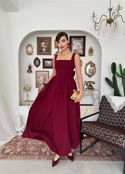 Wholesale Burgundy Dinas Dress with Bow Detail